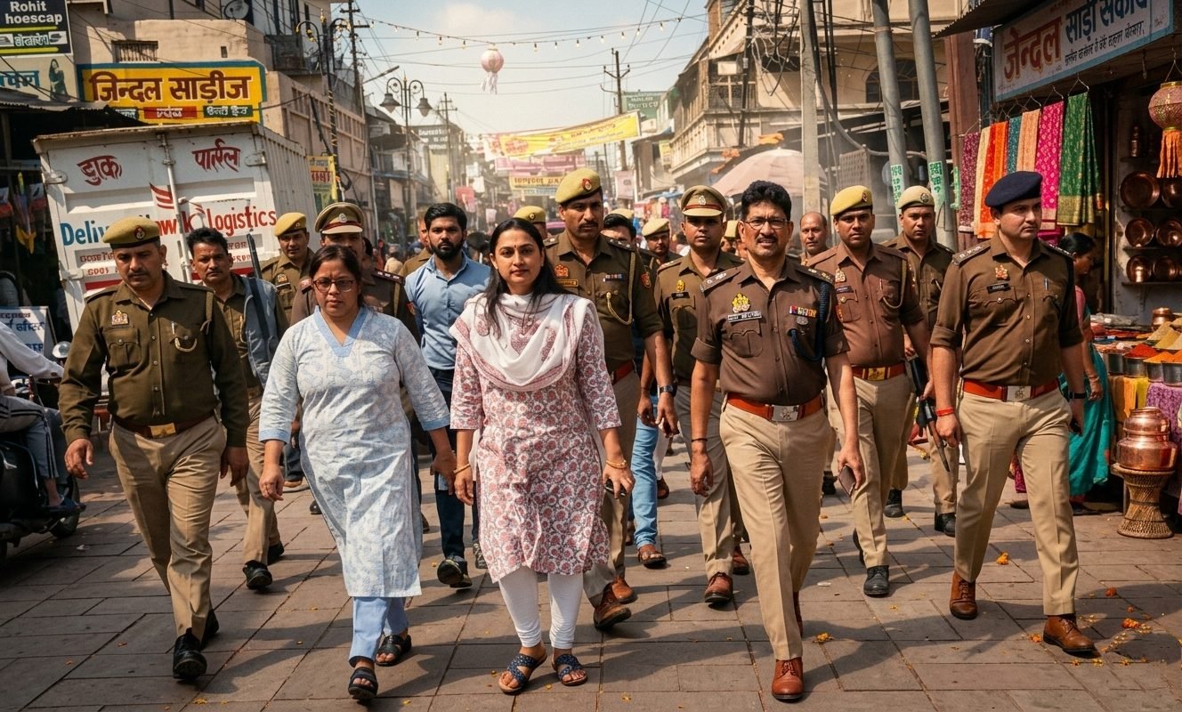 खुर्जा में डीएम व एसएसपी ने सुरक्षा व्यवस्था का लिया जायजा, पुलिस बल के साथ शहर में किया फ्लैग मार्च